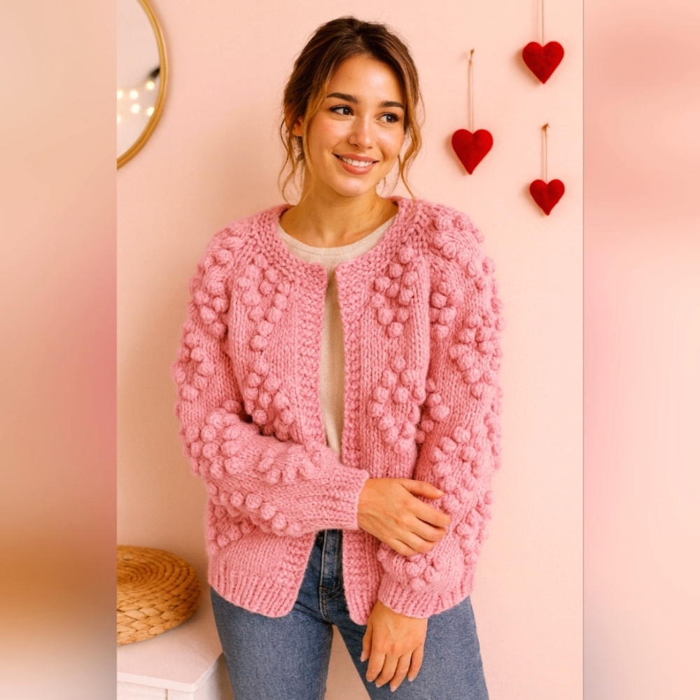 Pink Bubble Heart Chunky Knit Oversized Cardigan